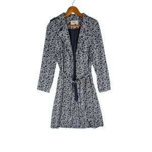 Yumi Outerwear Womens Navy Blue Floral Trench Coat Daisy Print Belted Duster M